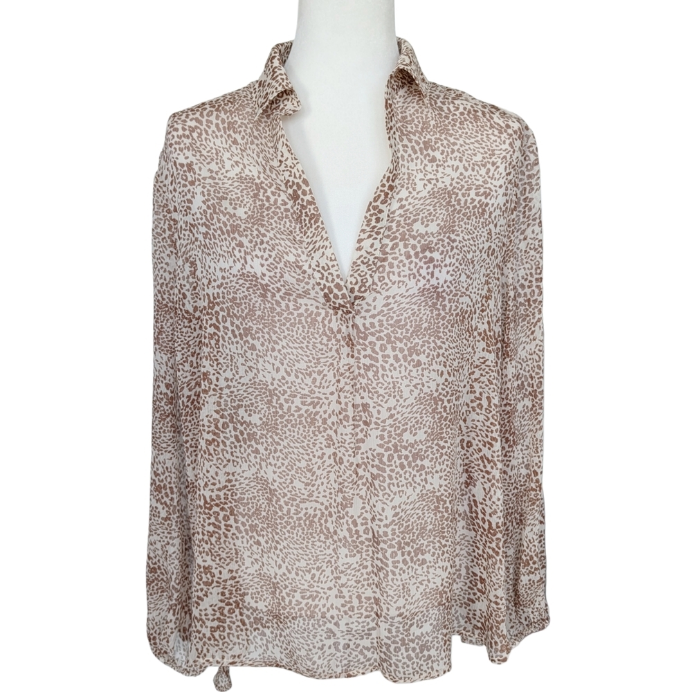Aakaa Leopard Print Brown Tan Long Sleeve Blouse Shirt Size Medium
